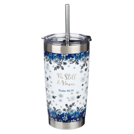 Reismok Be still and know 532 ml roestvrij staal blauw bloemen