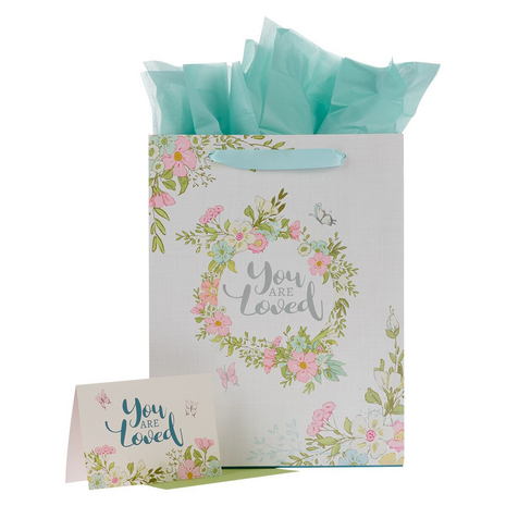 Gift bag You are loved groot roze bloemenkrans