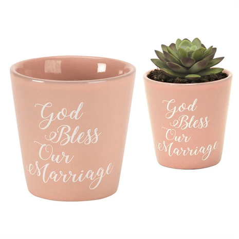 Plantenpot God bless our marriage 9 cm hoog terra cotta