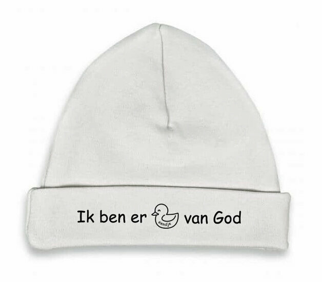 Babymuts Ik ben er eendje van God maat 62-68 wit/zwart