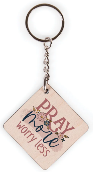 Sleutelhanger Pray more worry less hout vierkant