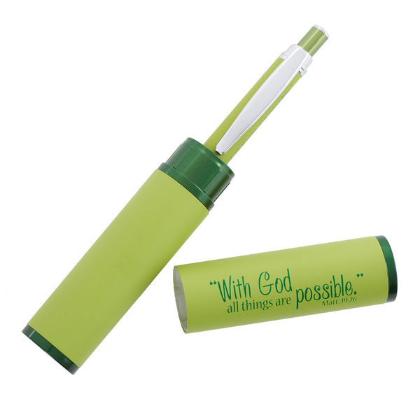 Pen in koker - groen - With God all things are possible