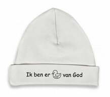 Babymuts Ik ben er eendje van God maat 62-68 wit/zwart