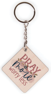 Sleutelhanger Pray more worry less hout vierkant