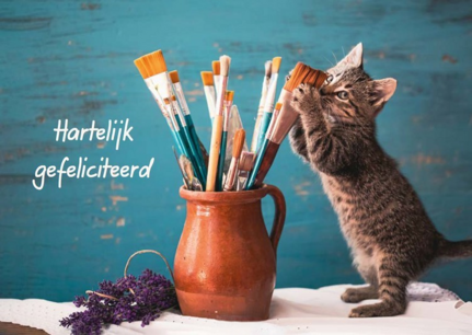 Kaart Hartelijk Gefeliciteerd kat met kwastjes